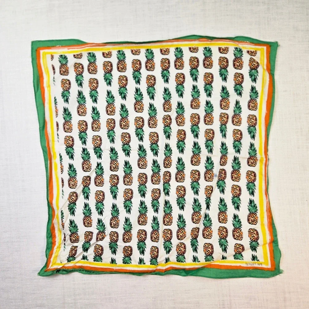 VTG Propst Pineapple Fruit Tropical Bandana PW OS Green Orange Border Cotton EUC